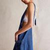 imagechouyatou Womens Backless Denim Tank Dress V Neck Overall Dress Mini Short Jumper Jean Dress with PocketsDark Blue