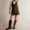 imagechouyatou Womens Backless Denim Tank Dress V Neck Overall Dress Mini Short Jumper Jean Dress with PocketsGreen
