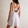 imagechouyatou Womens Backless Denim Tank Dress V Neck Overall Dress Mini Short Jumper Jean Dress with PocketsWhite
