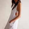 imagechouyatou Womens Backless Denim Tank Dress V Neck Overall Dress Mini Short Jumper Jean Dress with PocketsWhite