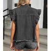 imagechouyatou Womens Button Down Ruffle Sleeveless Denim Jacket Leopard Print Distressed Jean Short Vest JacketBlack Gray