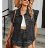 imagechouyatou Womens Button Down Ruffle Sleeveless Denim Jacket Leopard Print Distressed Jean Short Vest JacketBlack Gray