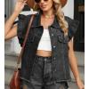 imagechouyatou Womens Button Down Ruffle Sleeveless Denim Jacket Leopard Print Distressed Jean Short Vest JacketBlack Gray