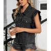imagechouyatou Womens Button Down Ruffle Sleeveless Denim Jacket Leopard Print Distressed Jean Short Vest JacketBlack Gray