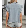 imagechouyatou Womens Button Down Ruffle Sleeveless Denim Jacket Leopard Print Distressed Jean Short Vest JacketBlue