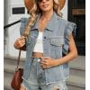 imagechouyatou Womens Button Down Ruffle Sleeveless Denim Jacket Leopard Print Distressed Jean Short Vest JacketBlue