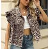 imagechouyatou Womens Button Down Ruffle Sleeveless Denim Jacket Leopard Print Distressed Jean Short Vest JacketLeopard