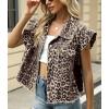 imagechouyatou Womens Button Down Ruffle Sleeveless Denim Jacket Leopard Print Distressed Jean Short Vest JacketLeopard