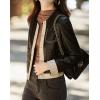 imagechouyatou Womens Collarless Cropped Pu Faux Leather Jacket Long Sleeve Button Down Motorcycle Short Trucker JacketBlack