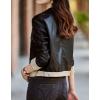imagechouyatou Womens Collarless Cropped Pu Faux Leather Jacket Long Sleeve Button Down Motorcycle Short Trucker JacketBlack