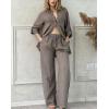 imagechouyatou Womens Cotton Linen 2 Piece Outfits Rolled Up Sleeve Button Down Shirt and Wide leg Pants SetCoffee