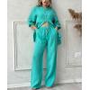 imagechouyatou Womens Cotton Linen 2 Piece Outfits Rolled Up Sleeve Button Down Shirt and Wide leg Pants SetCreen