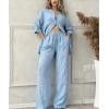 imagechouyatou Womens Cotton Linen 2 Piece Outfits Rolled Up Sleeve Button Down Shirt and Wide leg Pants SetLight Blue