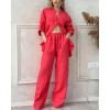 imagechouyatou Womens Cotton Linen 2 Piece Outfits Rolled Up Sleeve Button Down Shirt and Wide leg Pants SetRed