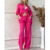 imagechouyatou Womens Cotton Linen 2 Piece Outfits Rolled Up Sleeve Button Down Shirt and Wide leg Pants SetRose Red