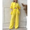 imagechouyatou Womens Cotton Linen 2 Piece Outfits Rolled Up Sleeve Button Down Shirt and Wide leg Pants SetYellow