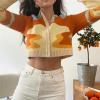 imagechouyatou Womens Cute Y2k Jacquard Cropped Cardigan Aesthetics Lapel Short Knit Sweater Cardigan CoatOrange