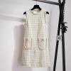 imagechouyatou Womens Elegant A Line Tweed Pinafore Dress Sleeveless Plaid Midi Short Overall Vest DressApricot