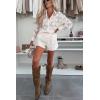 imagechouyatou Womens Lace Eyelet 2 Piece Outfit Crochet Button Down Shirt Top Wide Leg Shorts Matching SetBeige White