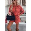 imagechouyatou Womens Lace Eyelet 2 Piece Outfit Crochet Button Down Shirt Top Wide Leg Shorts Matching SetRed