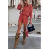 imagechouyatou Womens Lace Eyelet 2 Piece Outfit Crochet Button Down Shirt Top Wide Leg Shorts Matching SetRed