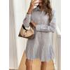 imagechouyatou Womens Long Sleeve Lapel Striped Polo Shirt Dress Pleated Long Midi Short Cotton Skater DressBlack