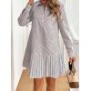 imagechouyatou Womens Long Sleeve Lapel Striped Polo Shirt Dress Pleated Long Midi Short Cotton Skater DressBlack