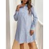 imagechouyatou Womens Long Sleeve Lapel Striped Polo Shirt Dress Pleated Long Midi Short Cotton Skater DressDark Blue