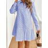imagechouyatou Womens Long Sleeve Lapel Striped Polo Shirt Dress Pleated Long Midi Short Cotton Skater DressLight Blue