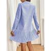 imagechouyatou Womens Long Sleeve Lapel Striped Polo Shirt Dress Pleated Long Midi Short Cotton Skater DressLight Blue
