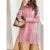 imagechouyatou Womens Long Sleeve Lapel Striped Polo Shirt Dress Pleated Long Midi Short Cotton Skater DressRed