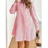 imagechouyatou Womens Long Sleeve Lapel Striped Polo Shirt Dress Pleated Long Midi Short Cotton Skater DressRed