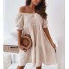 imagechouyatou Womens Off The Shoulder Smocked Mini Dress Puff Sleeve Ruffle Tiered Party Short DressBeige