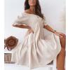 imagechouyatou Womens Off The Shoulder Smocked Mini Dress Puff Sleeve Ruffle Tiered Party Short DressBeige