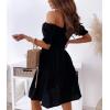 imagechouyatou Womens Off The Shoulder Smocked Mini Dress Puff Sleeve Ruffle Tiered Party Short DressBlack