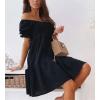 imagechouyatou Womens Off The Shoulder Smocked Mini Dress Puff Sleeve Ruffle Tiered Party Short DressBlack