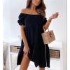 imagechouyatou Womens Off The Shoulder Smocked Mini Dress Puff Sleeve Ruffle Tiered Party Short DressBlack