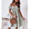imagechouyatou Womens Off The Shoulder Smocked Mini Dress Puff Sleeve Ruffle Tiered Party Short DressGreen