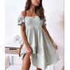 imagechouyatou Womens Off The Shoulder Smocked Mini Dress Puff Sleeve Ruffle Tiered Party Short DressGreen