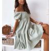 imagechouyatou Womens Off The Shoulder Smocked Mini Dress Puff Sleeve Ruffle Tiered Party Short DressGreen