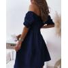 imagechouyatou Womens Off The Shoulder Smocked Mini Dress Puff Sleeve Ruffle Tiered Party Short DressNavy Blue