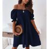imagechouyatou Womens Off The Shoulder Smocked Mini Dress Puff Sleeve Ruffle Tiered Party Short DressNavy Blue