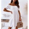 imagechouyatou Womens Off The Shoulder Smocked Mini Dress Puff Sleeve Ruffle Tiered Party Short DressWhite