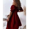 imagechouyatou Womens Off The Shoulder Smocked Mini Dress Puff Sleeve Ruffle Tiered Party Short DressWine Red
