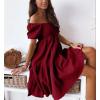 imagechouyatou Womens Off The Shoulder Smocked Mini Dress Puff Sleeve Ruffle Tiered Party Short DressWine Red
