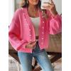 imagechouyatou Womens Open Front Peal Trim Beading Cardigans Elegant Long Sleeve Oversized Short Cardigan SweaterRose Red