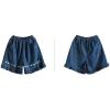 imagechouyatou Womens Ruffle Hem Denim Shorts Flower Embroidery Elastic Waist Wide Leg Jean Shorts with PocketsDark Blue