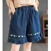imagechouyatou Womens Ruffle Hem Denim Shorts Flower Embroidery Elastic Waist Wide Leg Jean Shorts with PocketsDark Blue