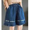 imagechouyatou Womens Ruffle Hem Denim Shorts Flower Embroidery Elastic Waist Wide Leg Jean Shorts with PocketsDark Blue