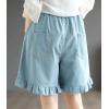 imagechouyatou Womens Ruffle Hem Denim Shorts Flower Embroidery Elastic Waist Wide Leg Jean Shorts with PocketsLight Blue